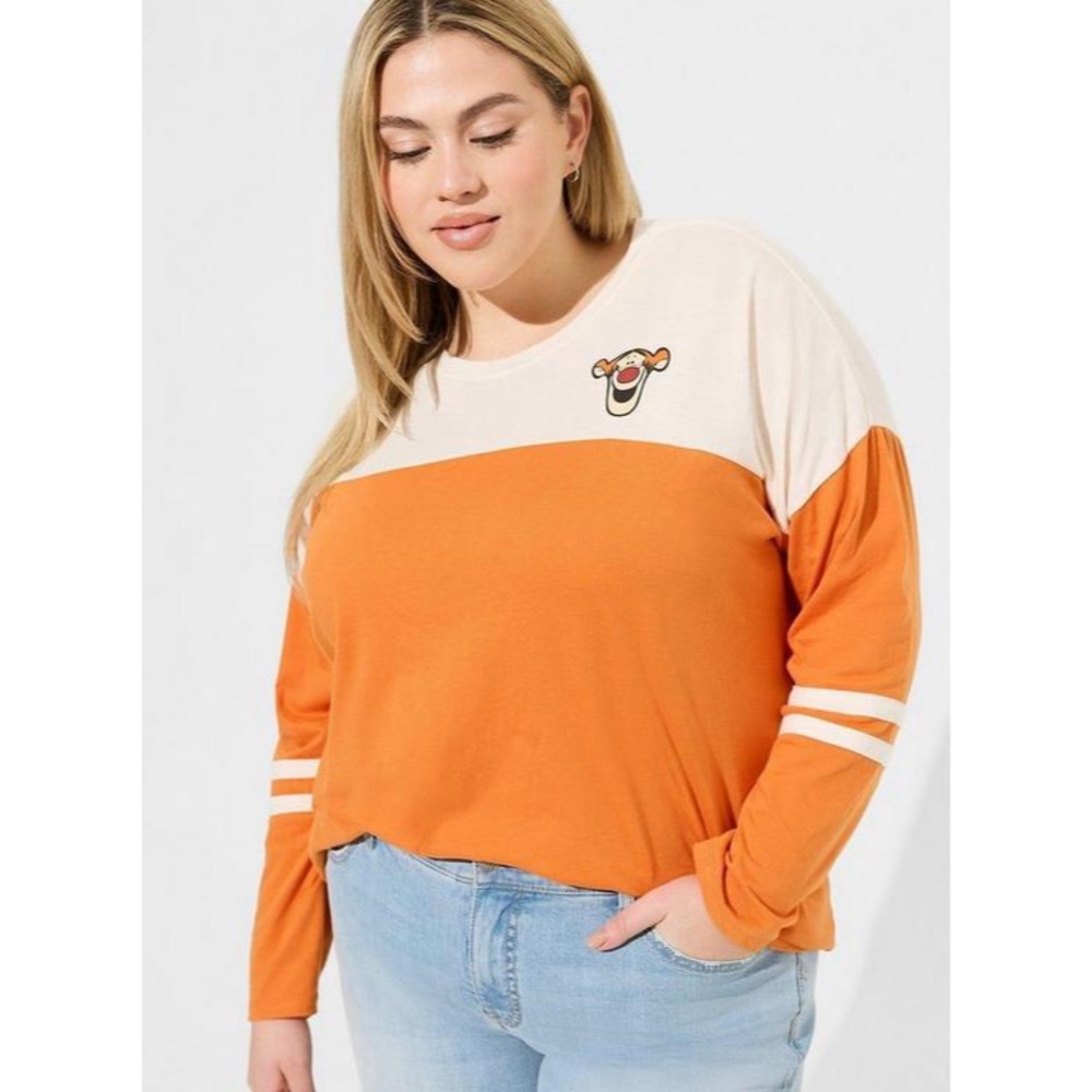 Disney Tigger Classic Fit Varsity Long Sleeve Top Cream/Orange 1X - Picture 2 of 9